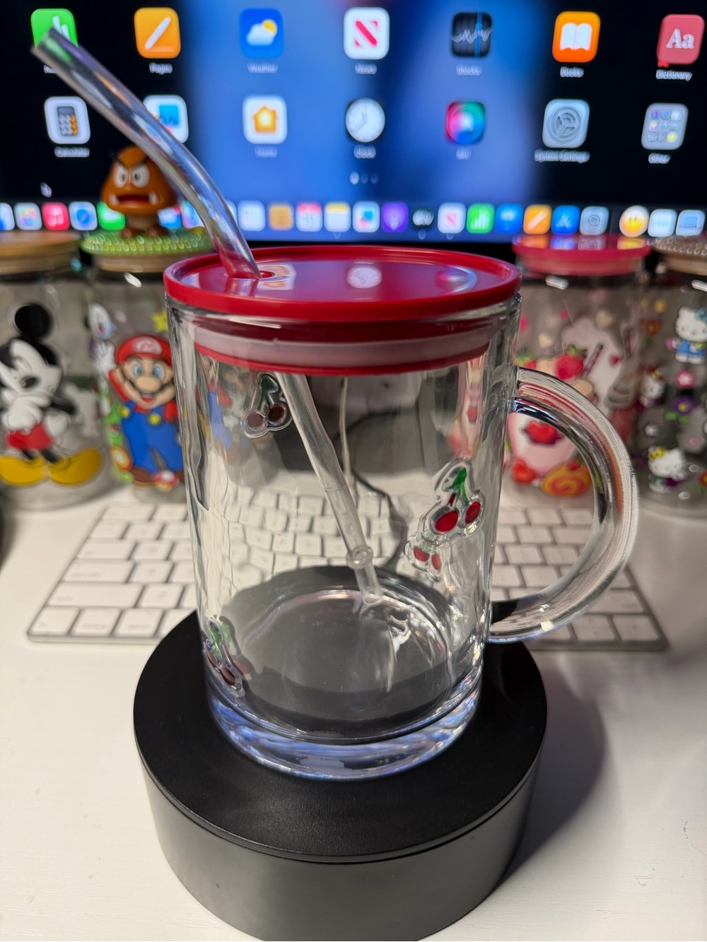 16oz Clear Glass Cherry Mug With Red Lid And Straw